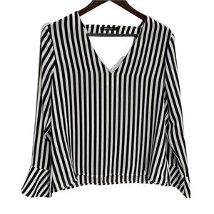 TRICOT Black/White Striped V-Neck Long Sleeve Blouse Top Size M